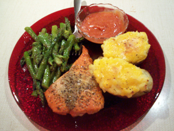 Salmon recipe with twice baked potatoes and asparagus