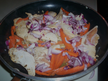 Saute the veggies and chicken together