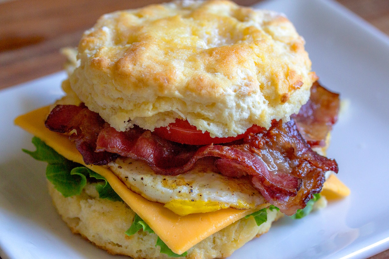 Breakfast Sandwich Ideas - Bacon, Egg and Cheese on a Biscuit